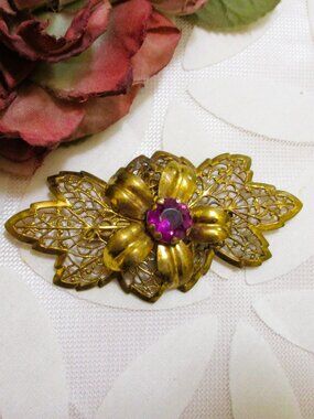 ANTIQUE Gold Filigree Floral Brooch: Gold Fill, Rhinestone, ART NOUVEAU Jewelry